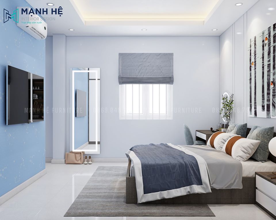 Thiết kế nội thất phòng ngủ với tone xanh xám - chị Như