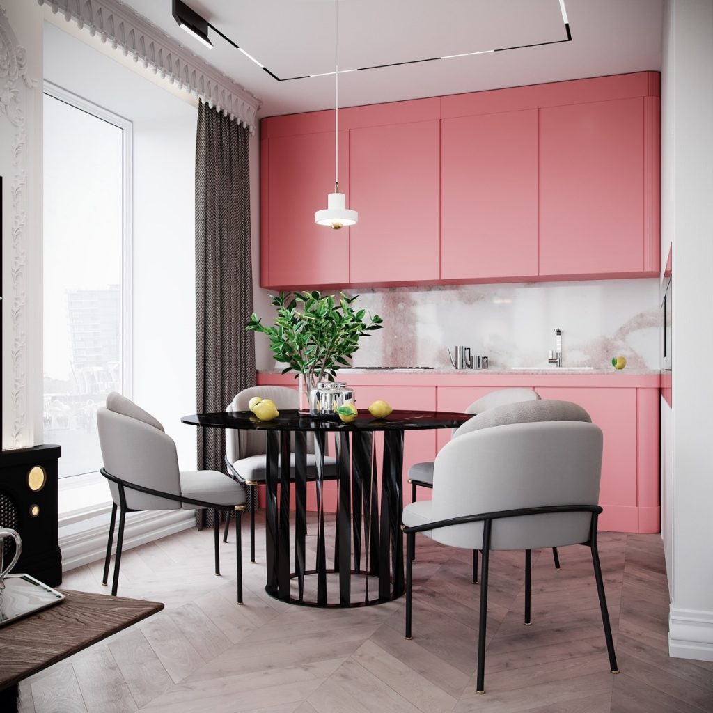 Tủ bếp chữ i đơn giản màu hồng pastel