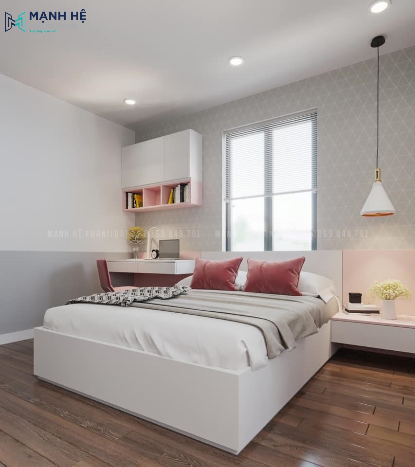 Thiết kế nội thất phòng ngủ tone hồng trắng dễ thương cho bé gái