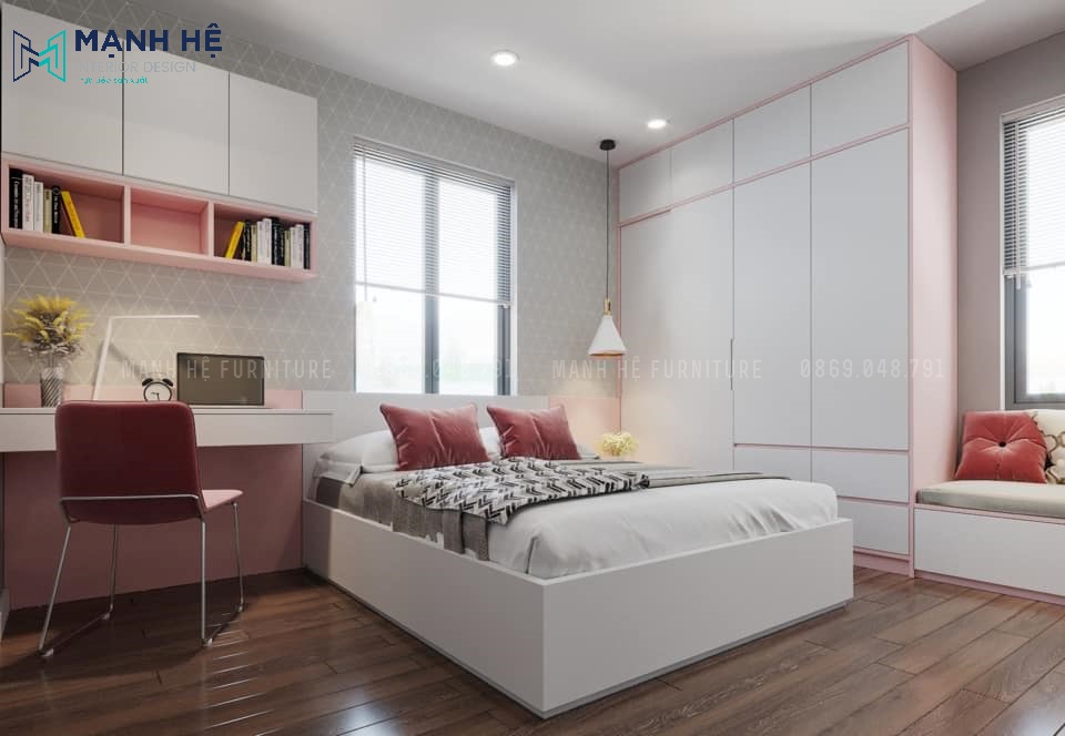 Thiết kế nội thất phòng ngủ tone hồng trắng dễ thương cho bé gái