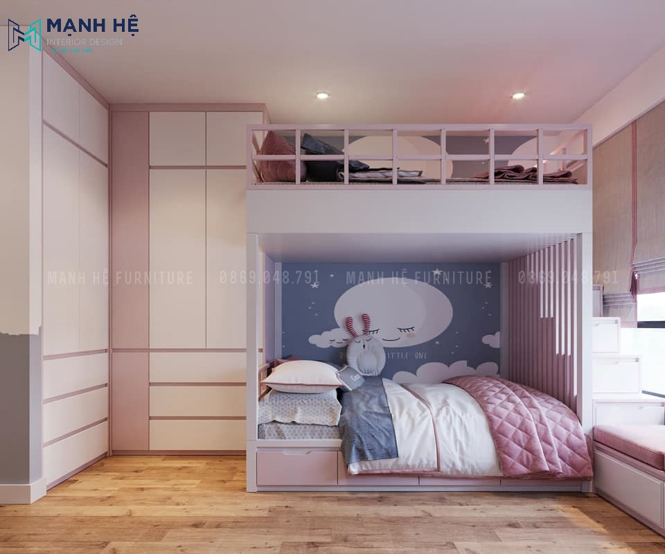 Thiết kế phòng ngủ có giường tầng đáng yêu dành cho 2 bé gái 