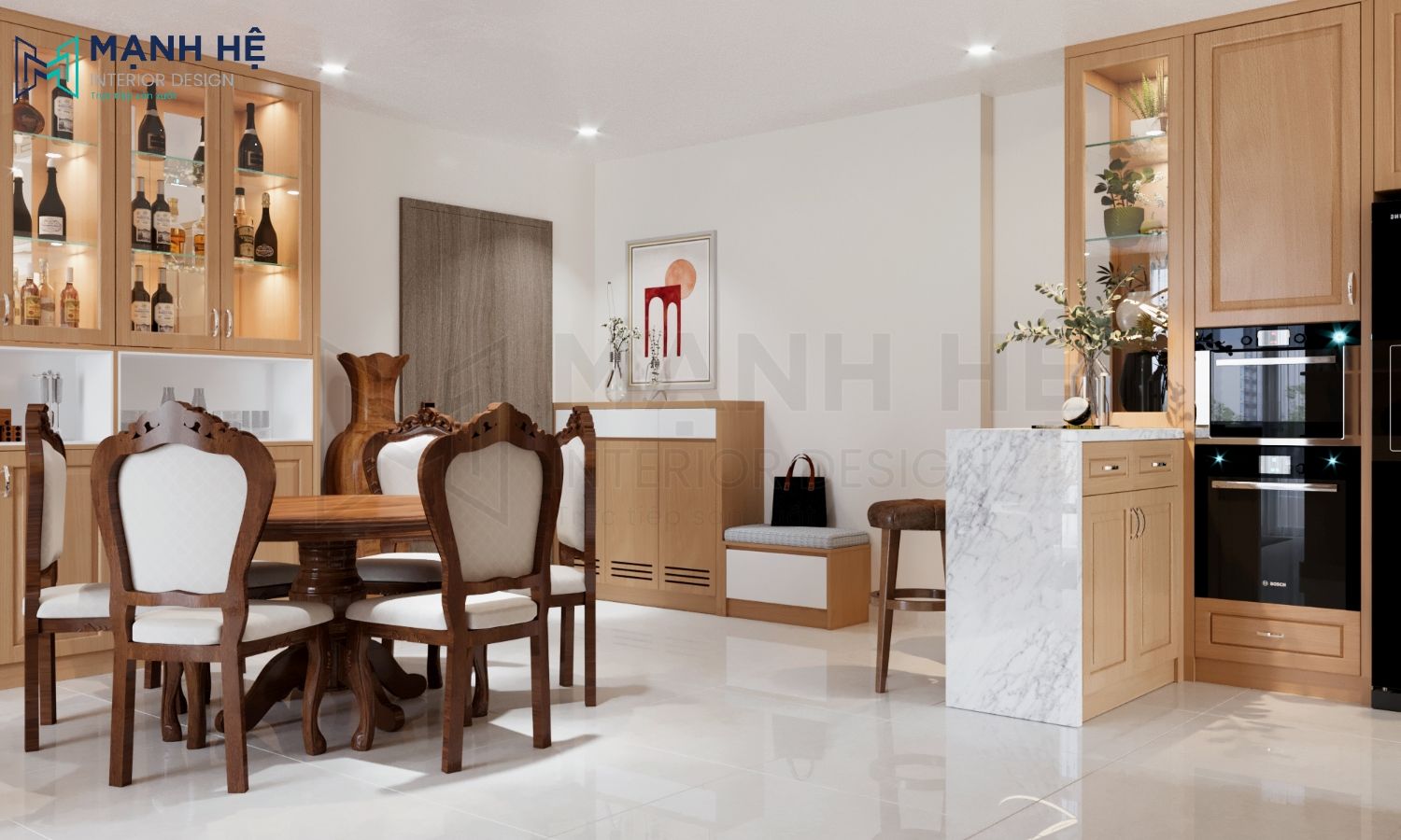 Bộ bàn ăn và tủ rượu được làm bằng gỗ sồi giúp nâng tầm giá trị của tổng thể không gian bếp
