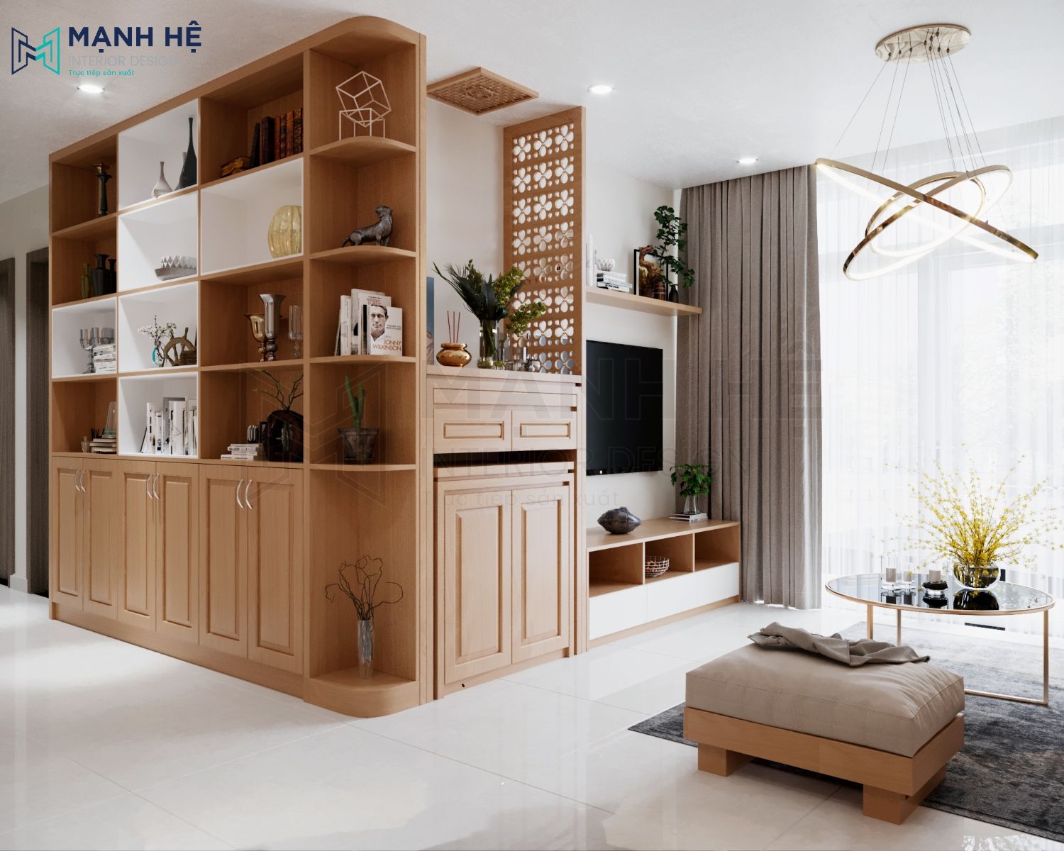 Hệ tủ kệ trang trí phòng khách bằng gỗ tự nhiên