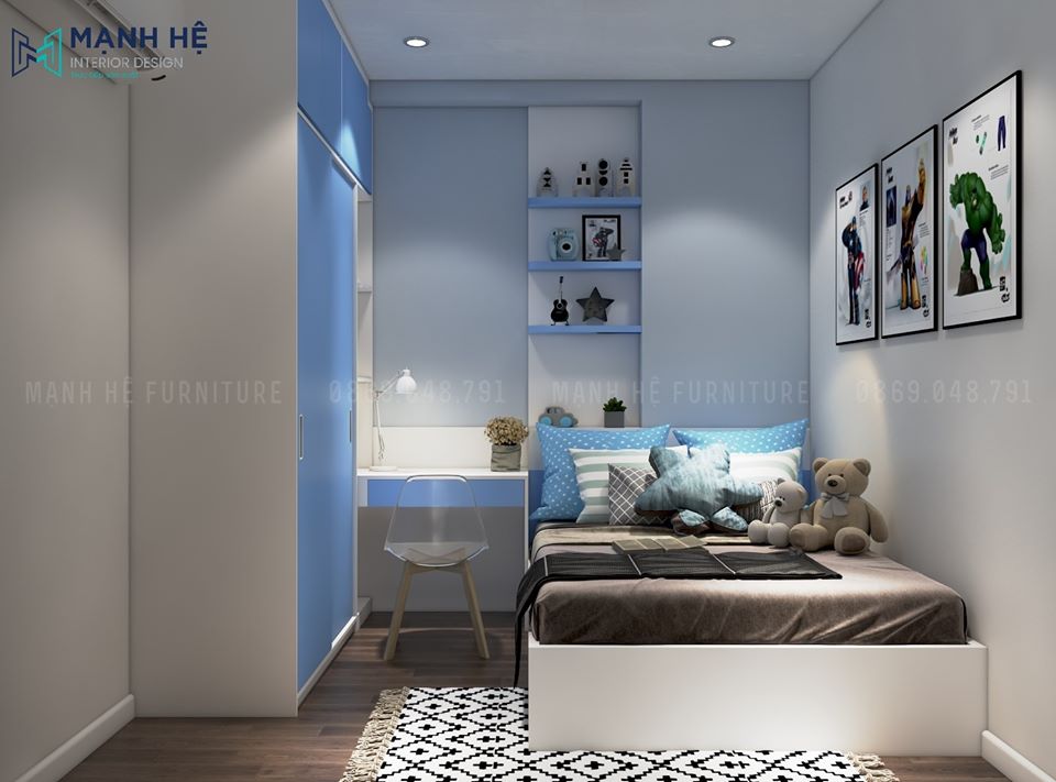 Phòng ngủ bé màu xanh dễ thương với mẫu giường đơn sáng tạo