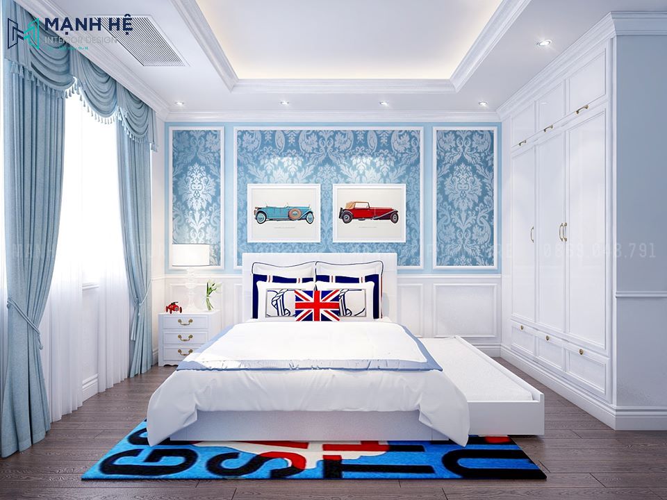 Thiết kế nội thất phòng ngủ gam màu xanh năng động cho bé