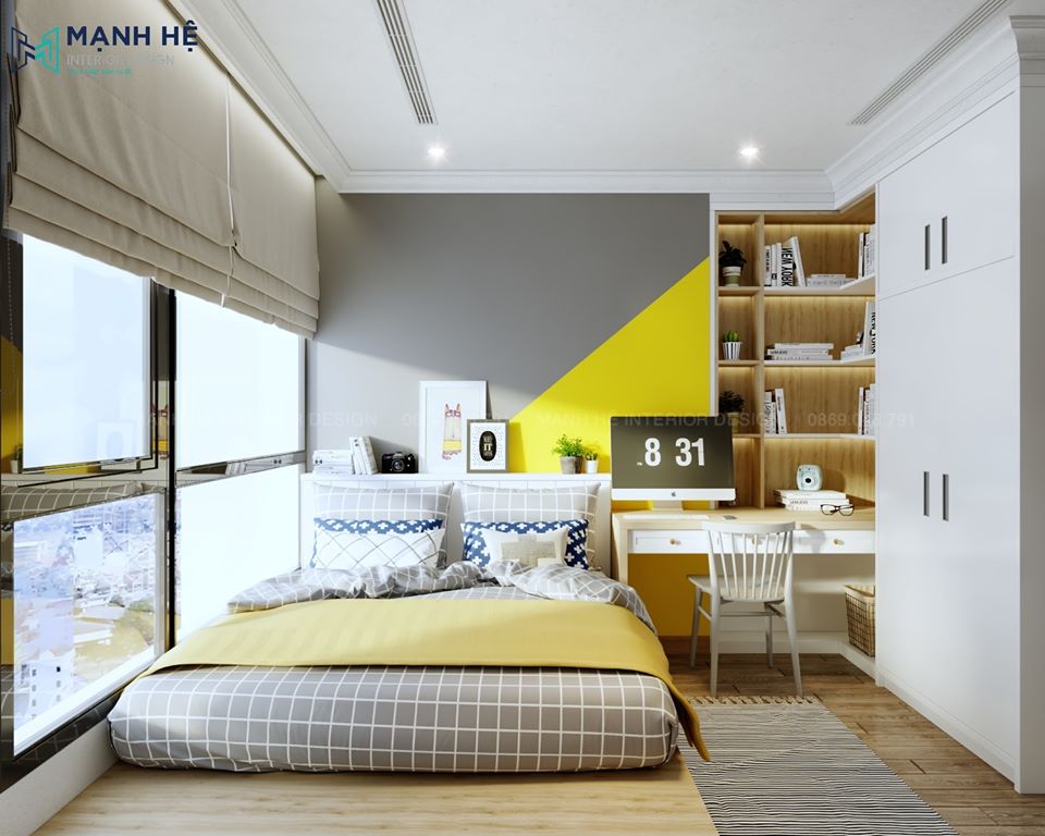Mẫu thiết kế nội thất phòng ngủ tone màu xám vàng cá tính