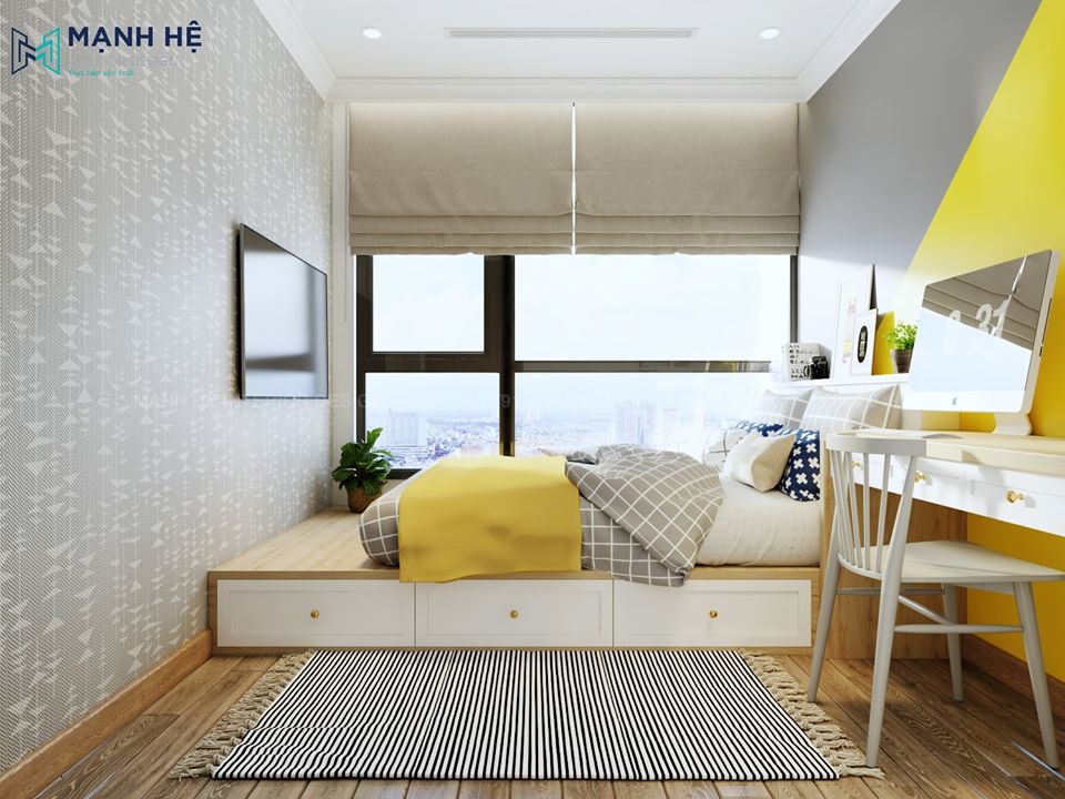 Mẫu thiết kế nội thất phòng ngủ tone màu xám vàng cá tính