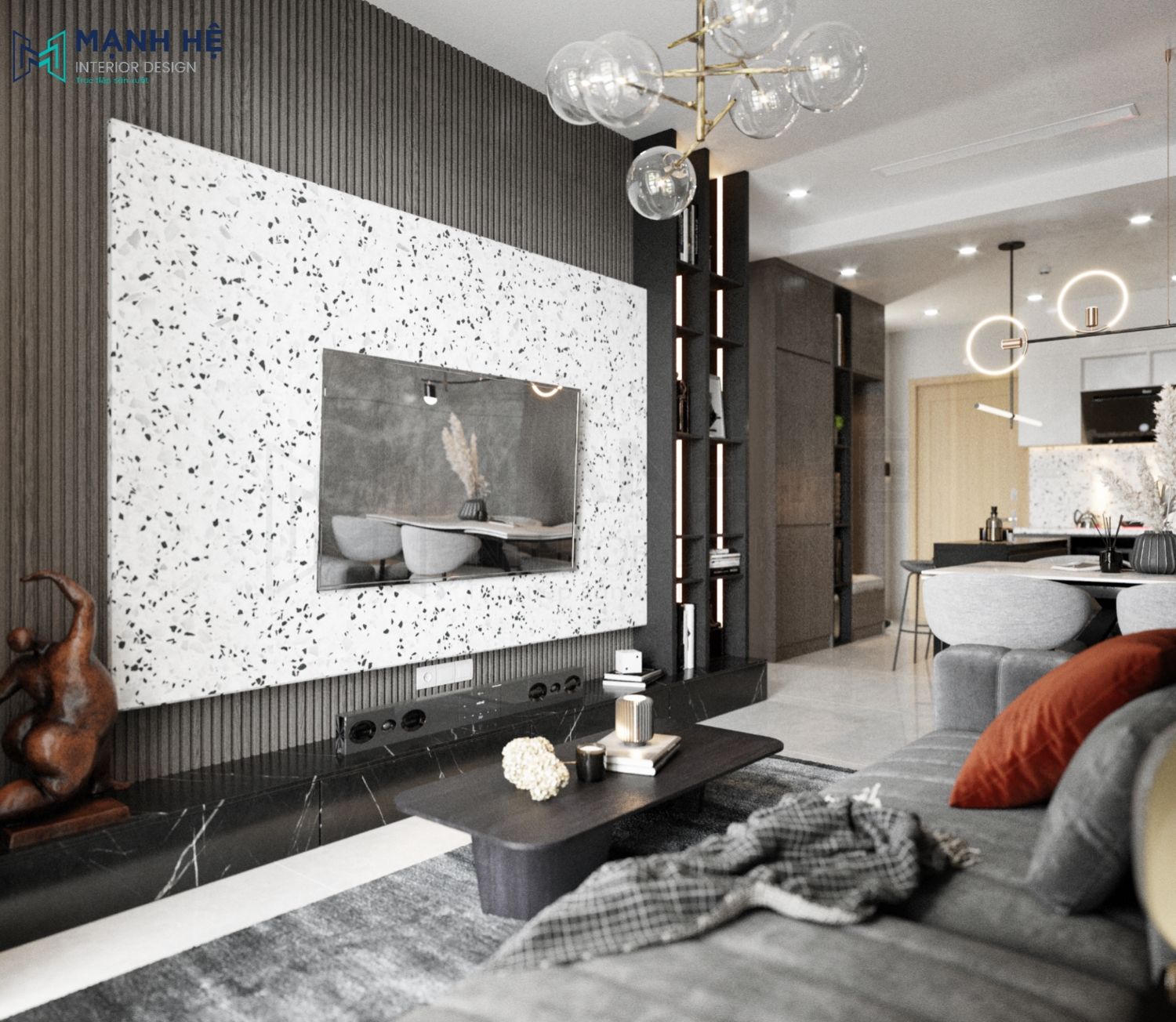 Thiết kế nội thất phòng khách nhà phố đẹp với vách ốp gỗ acrylic