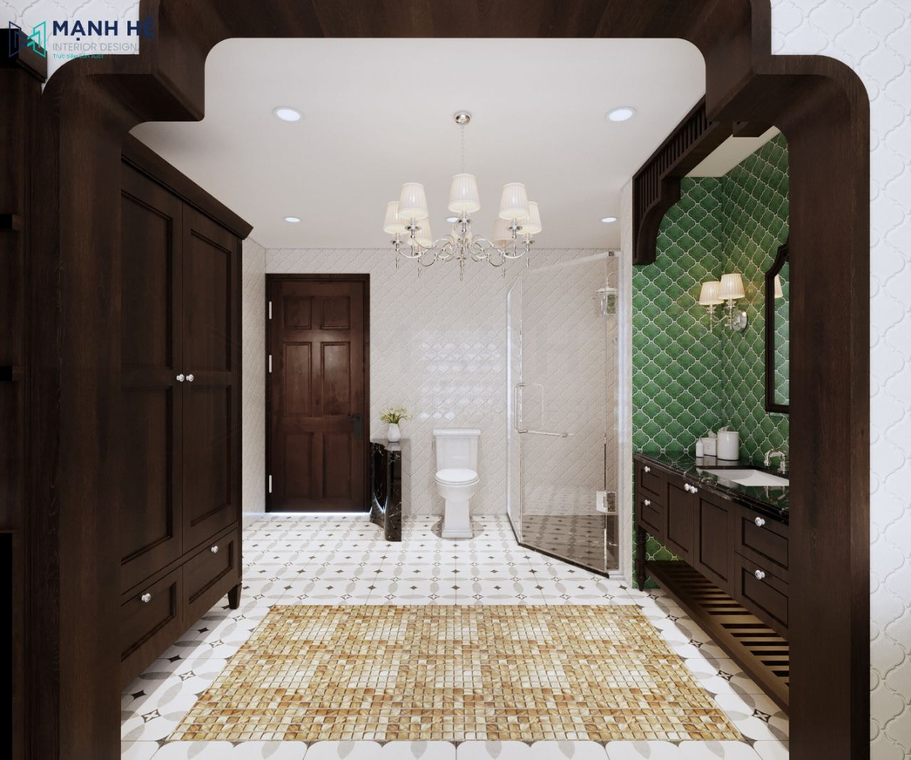 Phòng vệ sinh cho phòng ngủ ông bà được áp dụng phong cách Indochine độc đáo