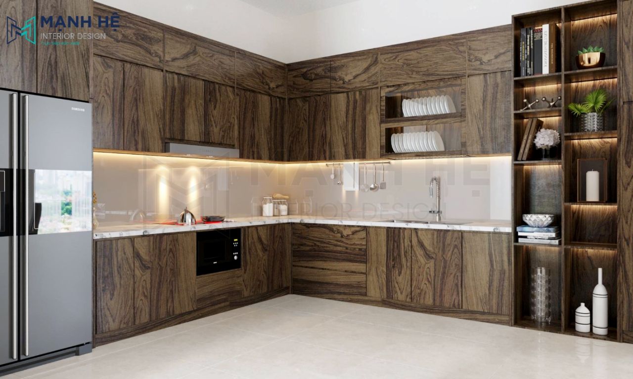 Mẫu 1: Mẫu phòng bếp đẹp sang trọng với hệ tủ bếp hình chữ L làm gỗ óc chó tự nhiên màu trầm nổi bật