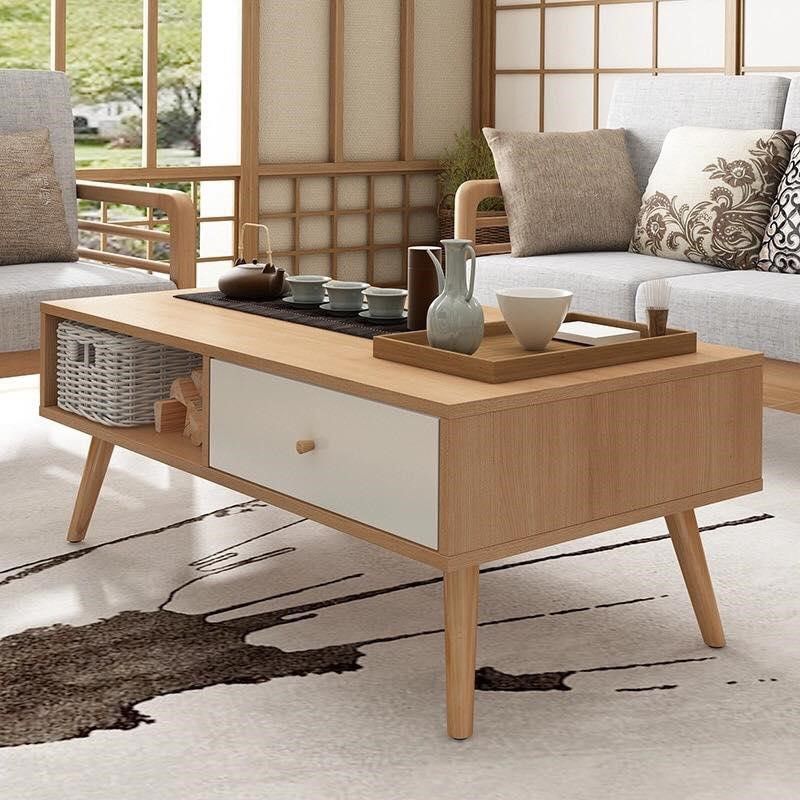 Mẫu bàn trà gỗ phòng khách chân cao hình chữ nhật