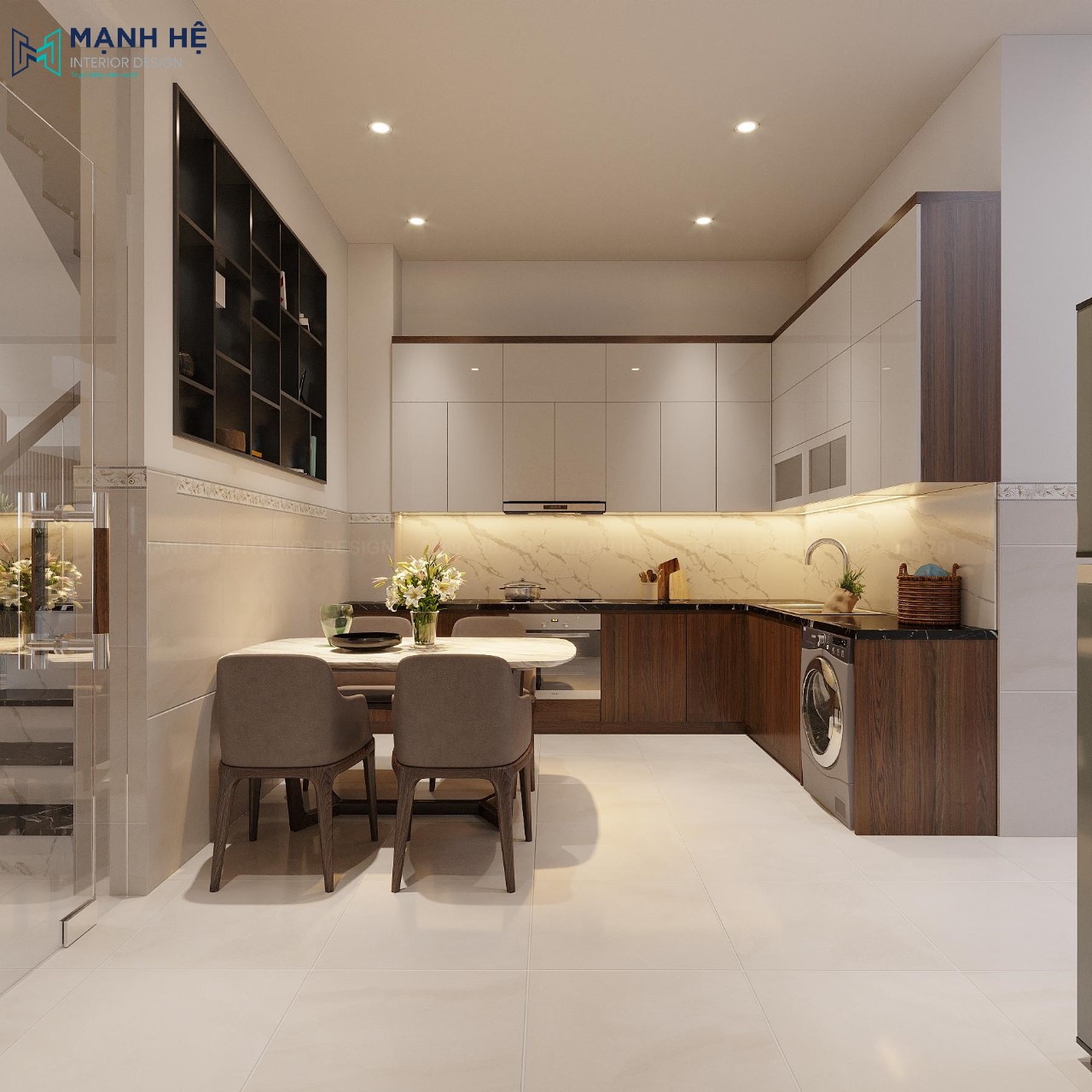 Mẫu 6: Thiết kế phòng bếp đẹp sang trọng, tiện nghi khi tích hợp máy giặt, máy rửa bát chung trong hệ tủ bếp dưới