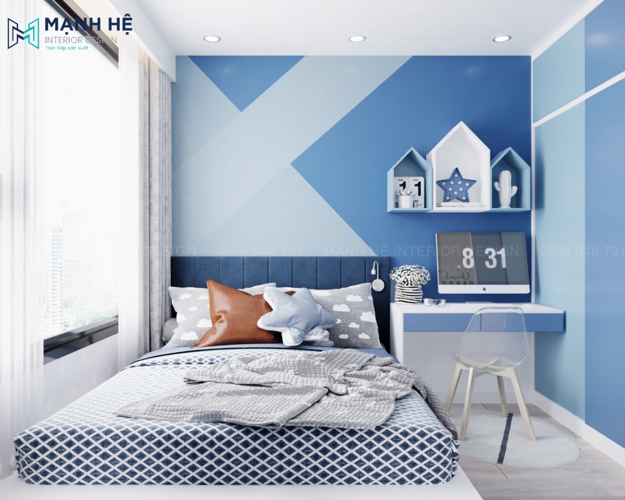 Thiết kế nội thất phòng ngủ màu xanh cho bé trai