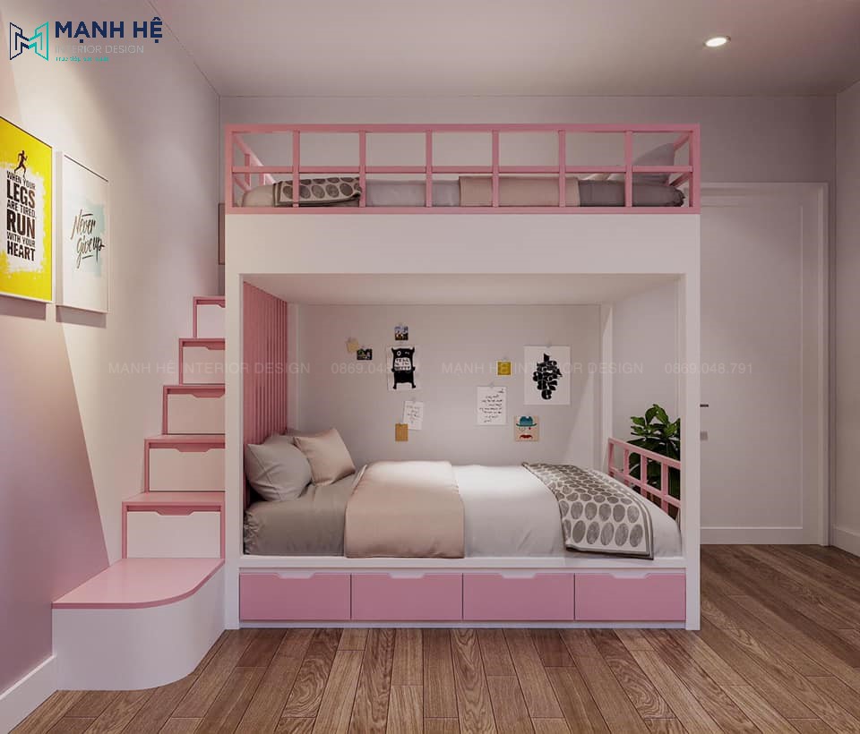 Mẫu giường ngủ đôi 2 tầng có cầu thang được thiết kế thêm hộc tủ và ngăn kéo ngay hông giường