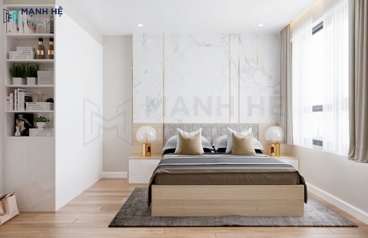 thiết kế nội thất phòng ngủ master hiện đại có tường đầu giường ốp đá, giường ngủ gỗ công nghiệp vân gỗ