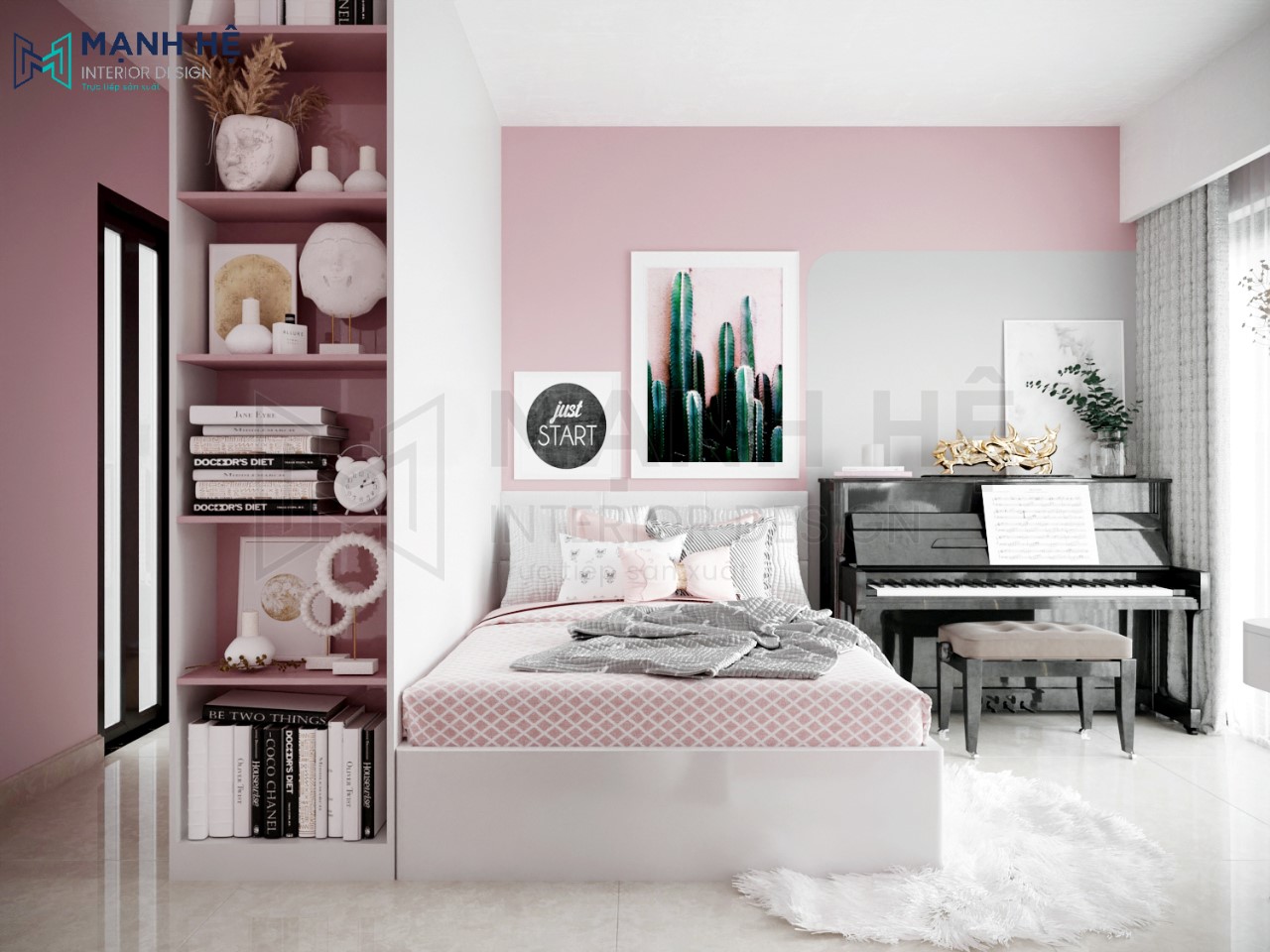 Mẫu thiết kế nội thất phòng ngủ cho nữ màu hồng dễ thương 