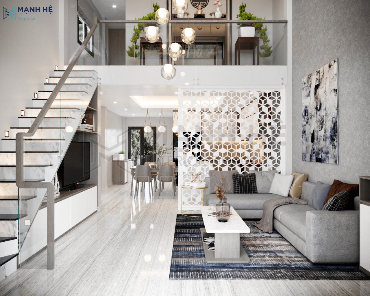 Sử dụng vách ngăn CNC để phân chia khu vực nhà bếp và phòng khách nhà ống 4m