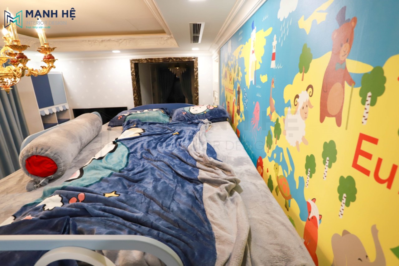 Hoàn thiện nội thất phòng ngủ giường tầng có cầu trượt cho bé 
