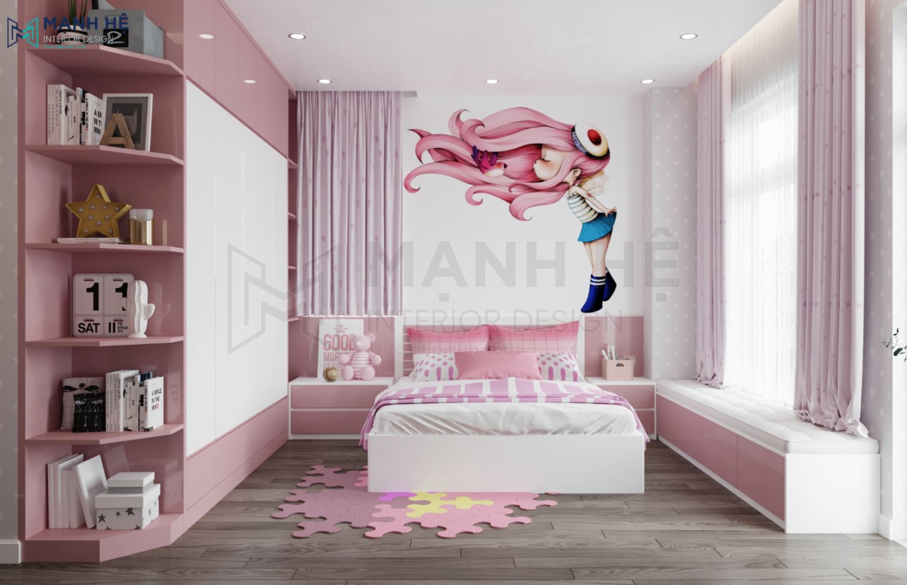 Thiết kế nội thất phòng ngủ bé gái màu hồng
