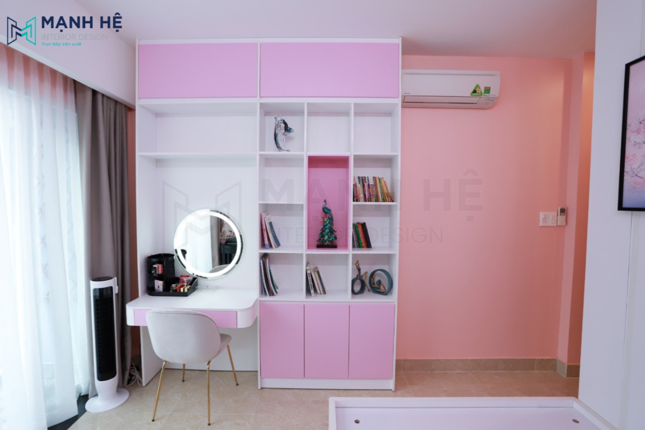 Hoàn thiện thi công nội thất phòng ngủ màu hồng cho bé gái