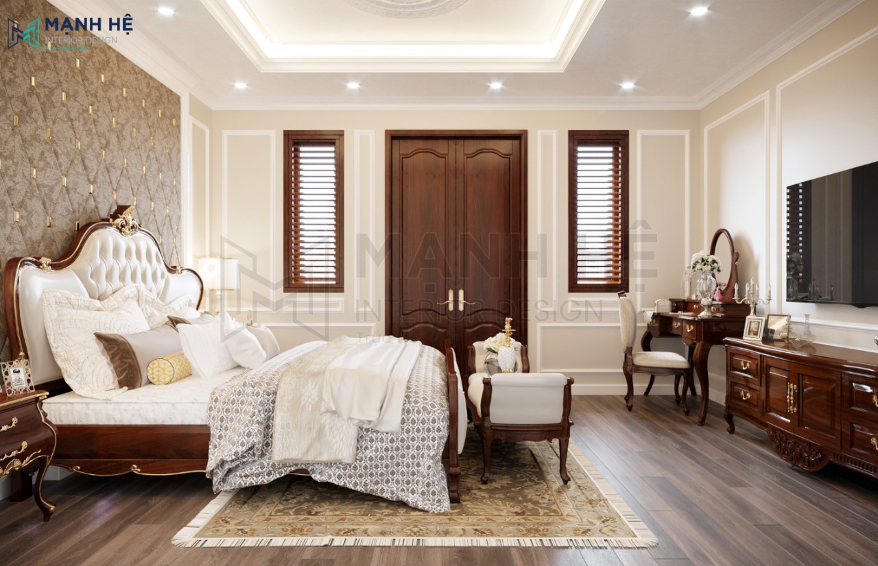 Mẫu phòng ngủ phong cách cổ điển với tone màu nâu gỗ tự nhiên đẹp