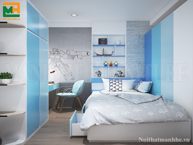 Tủ quần áo cửa lùa 2 cánh được sơn xanh dương tươi trẻ, dịu mắt