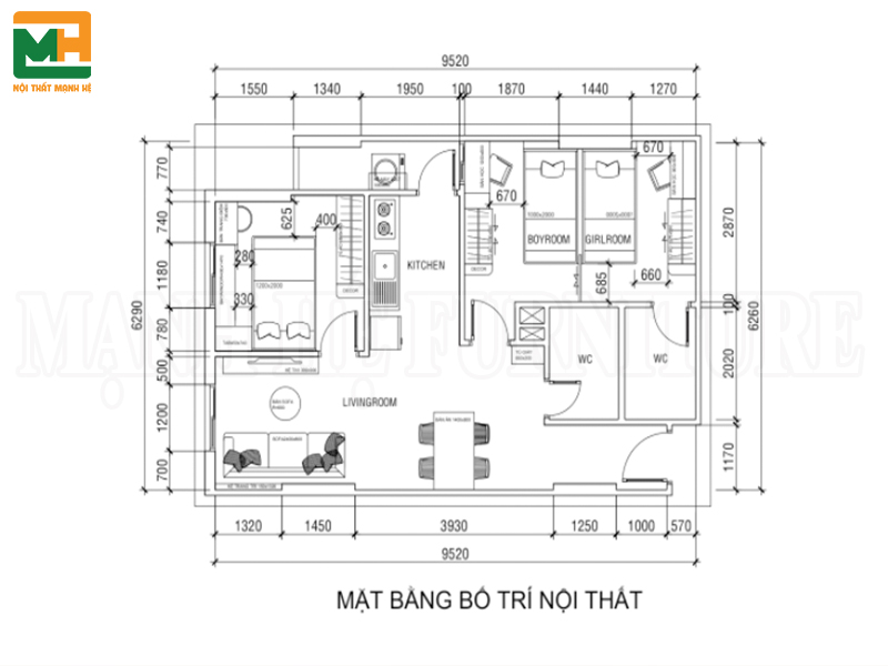 mặt bằng bố trí nội thất 2d