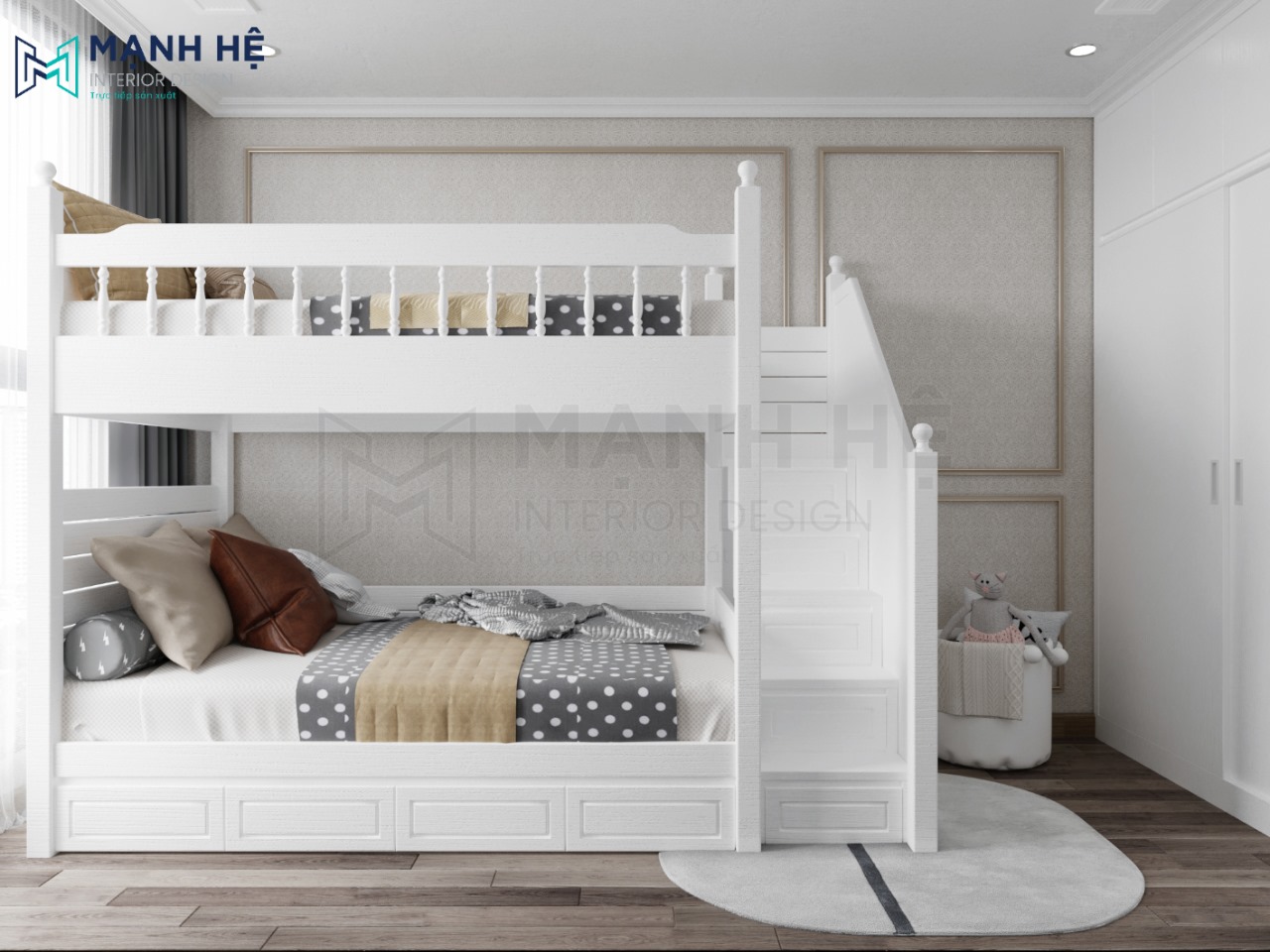 Thiết kế giường tầng cho bé trai màu trắng