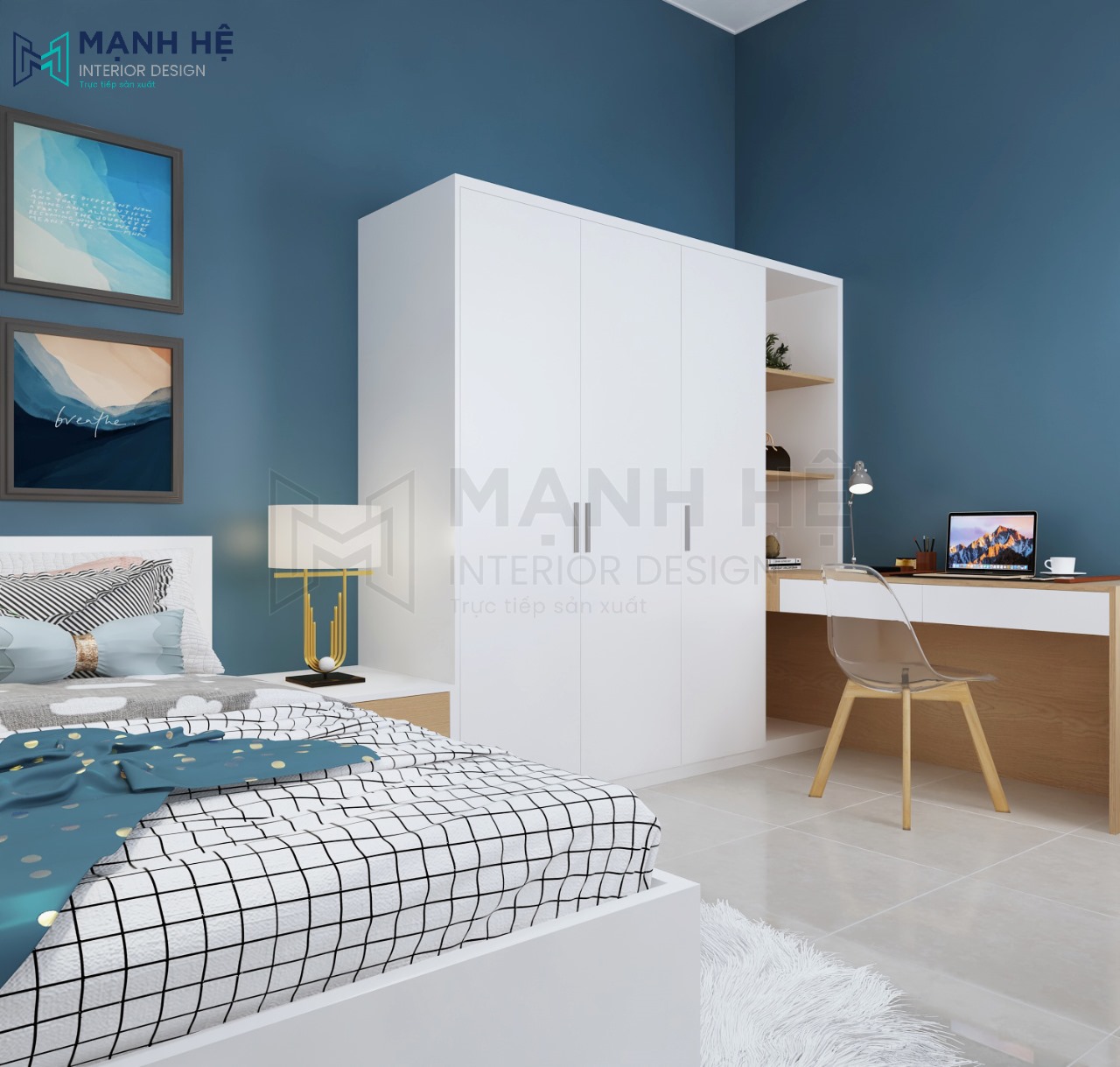 Thiết kế phòng ngủ màu xanh nước biển năng động cho bé