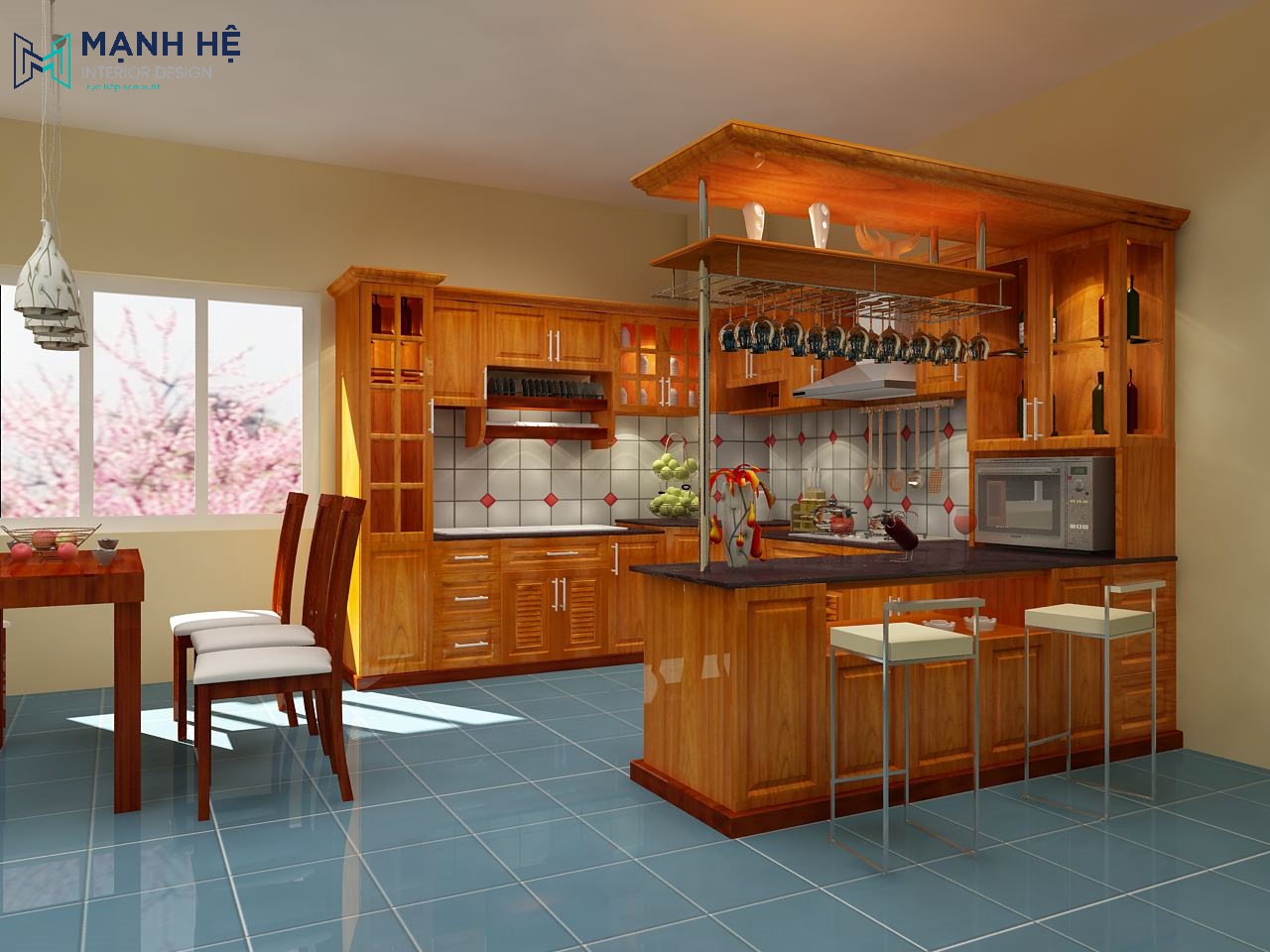 Tủ bếp kết hợp tủ rượu và quầy bar gỗ tự nhiên sang trọng và đẳng cấp