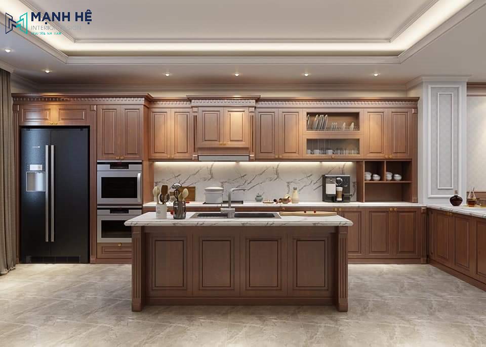 tủ bếp óc chó có đảo bếp