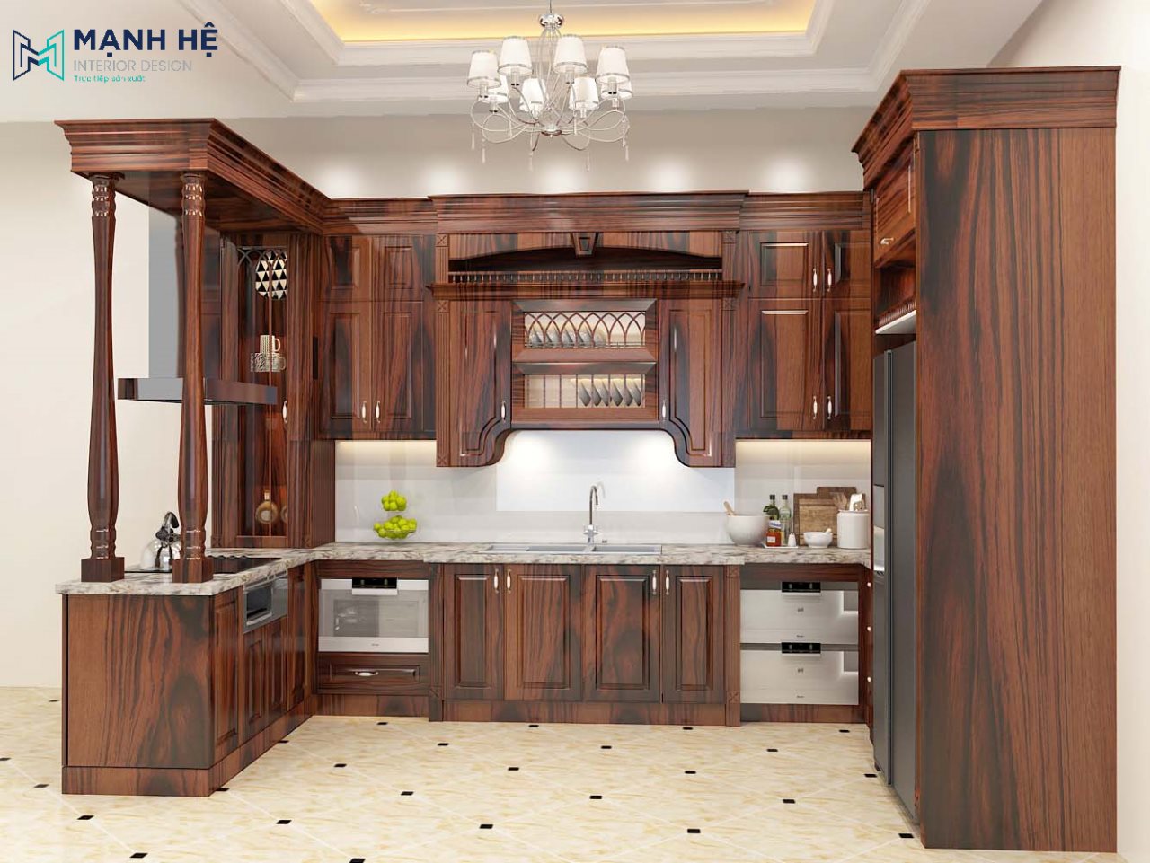 tủ bếp gỗ tư nhiên có quầy bar