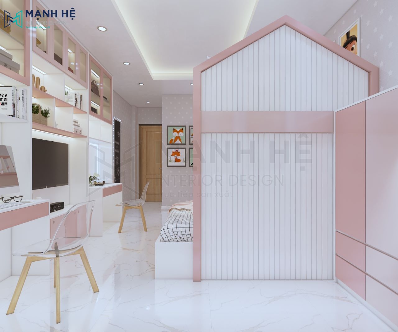Thiết kế nội thất phòng ngủ chung cư màu hồng cho bé gái 10m2