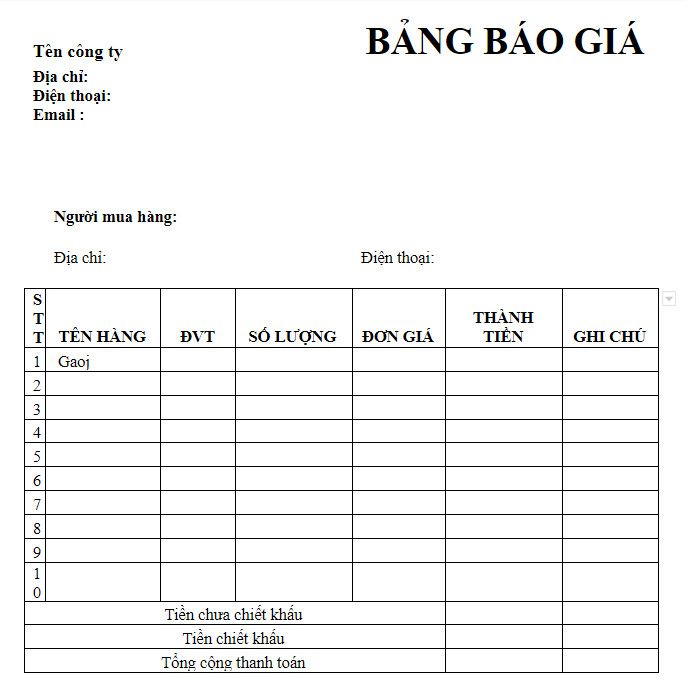 bảng báo giá cơ bản