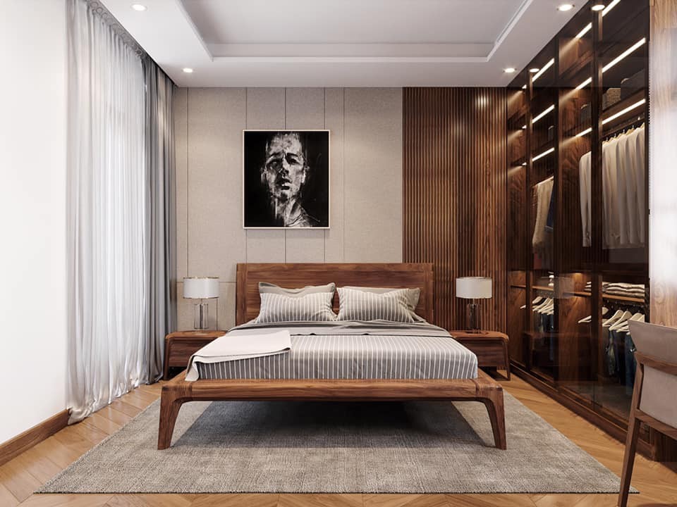 Phòng ngủ master gỗ tự nhiên đầy đủ và tiện nghi