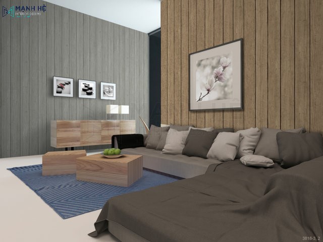 Phòng khách dùng giấy dán tường giả gỗ