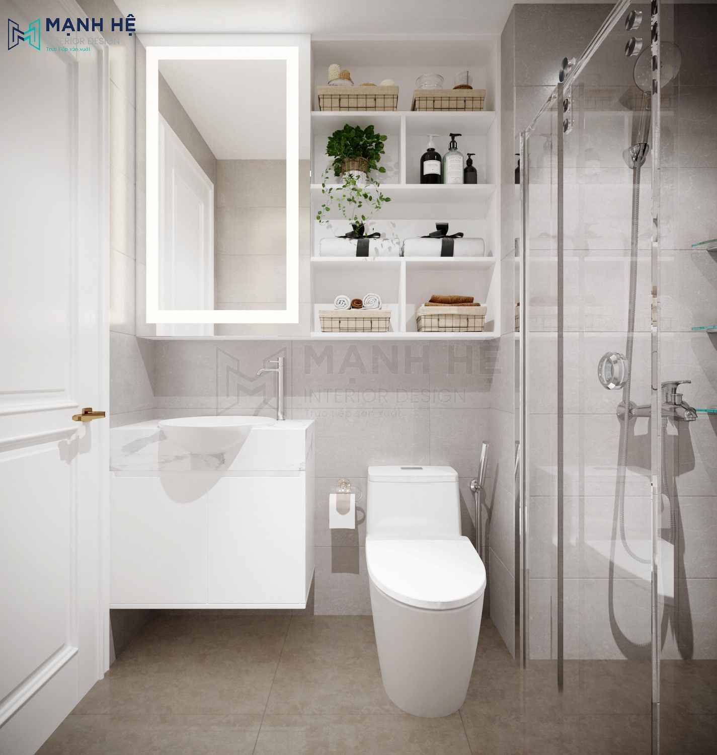 Mẫu thiết kế phòng tắm kết hợp nhà vệ sinh chung với hệ tủ đựng đồ thông dụng