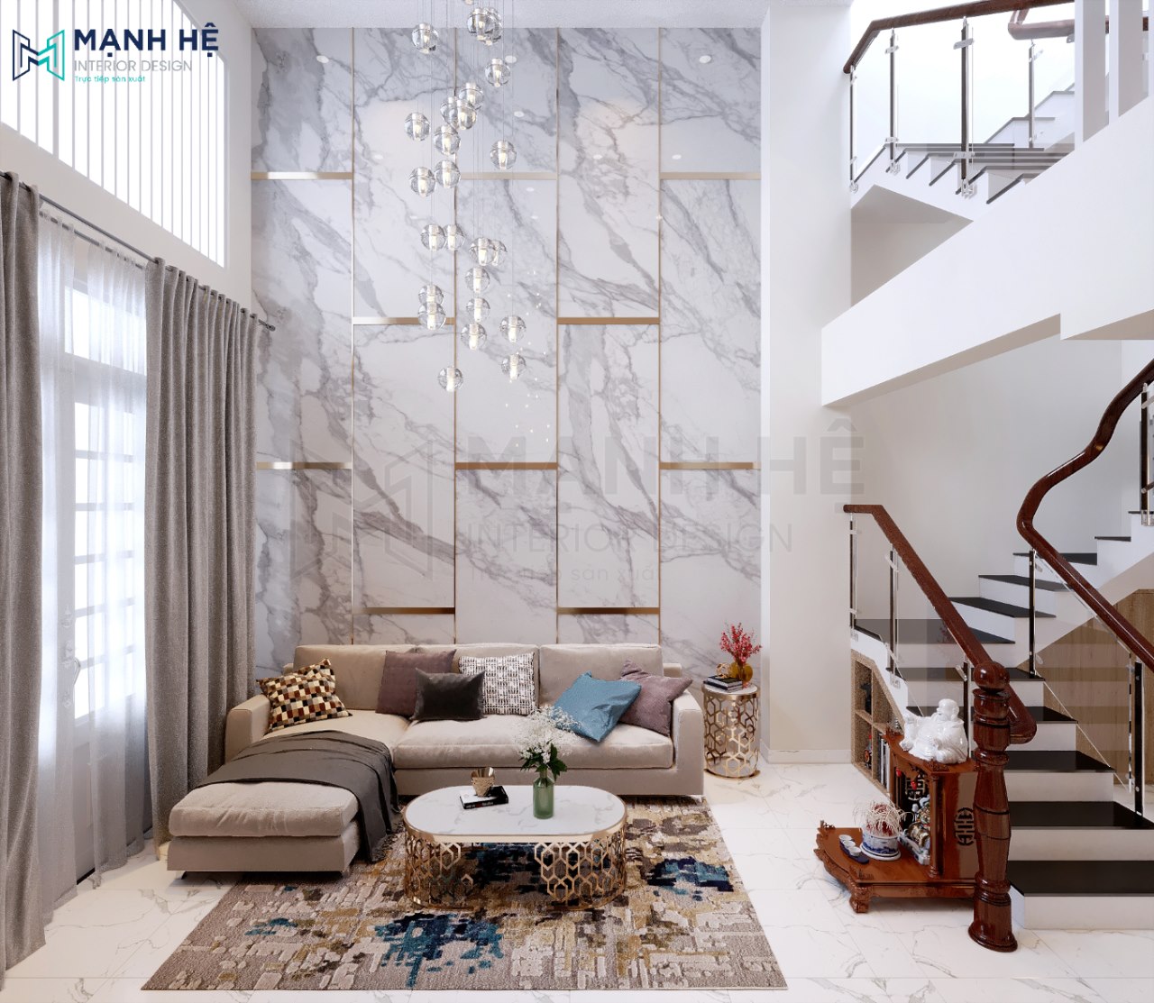 Tạo điểm nhấn cho phòng khách nhà ống phong cách hiện đại với vách ốp tường đá Marble và nẹp vàng sang trọng