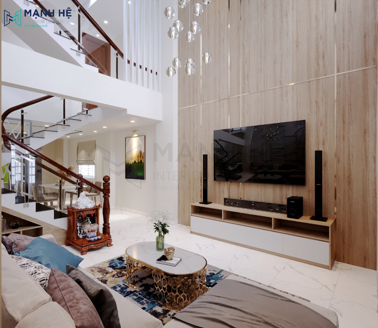 Thiết kế phòng khách nhà ống có cầu thang gam màu trắng đơn giản