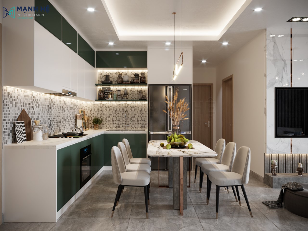 Tủ bếp tone xanh rêu kết hợp trắng thời thượng và hiện đại
