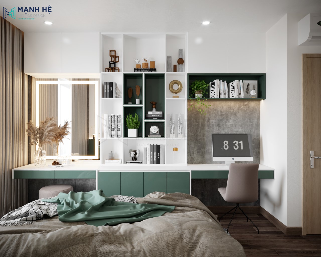 Phối màu trắng xanh lá cho phòng ngủ đẹp