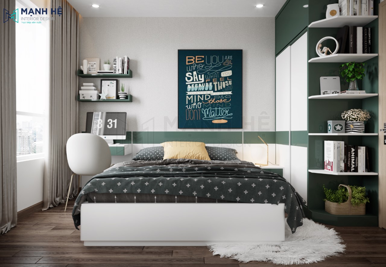 thiết kế phòng ngủ nhỏ 10m2 cho vợ chồng thích màu xanh lá