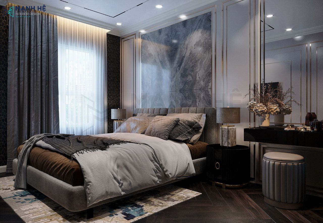 Căn phòng ngủ toát lên vẻ sang trọng thời thượng và đẳng cấp với thiết kế theo phong cách Luxury