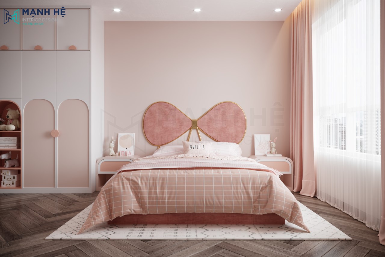 Thiết kế nội thất phòng ngủ màu hồng đẹp cho bé gái phong cách tân cổ điển