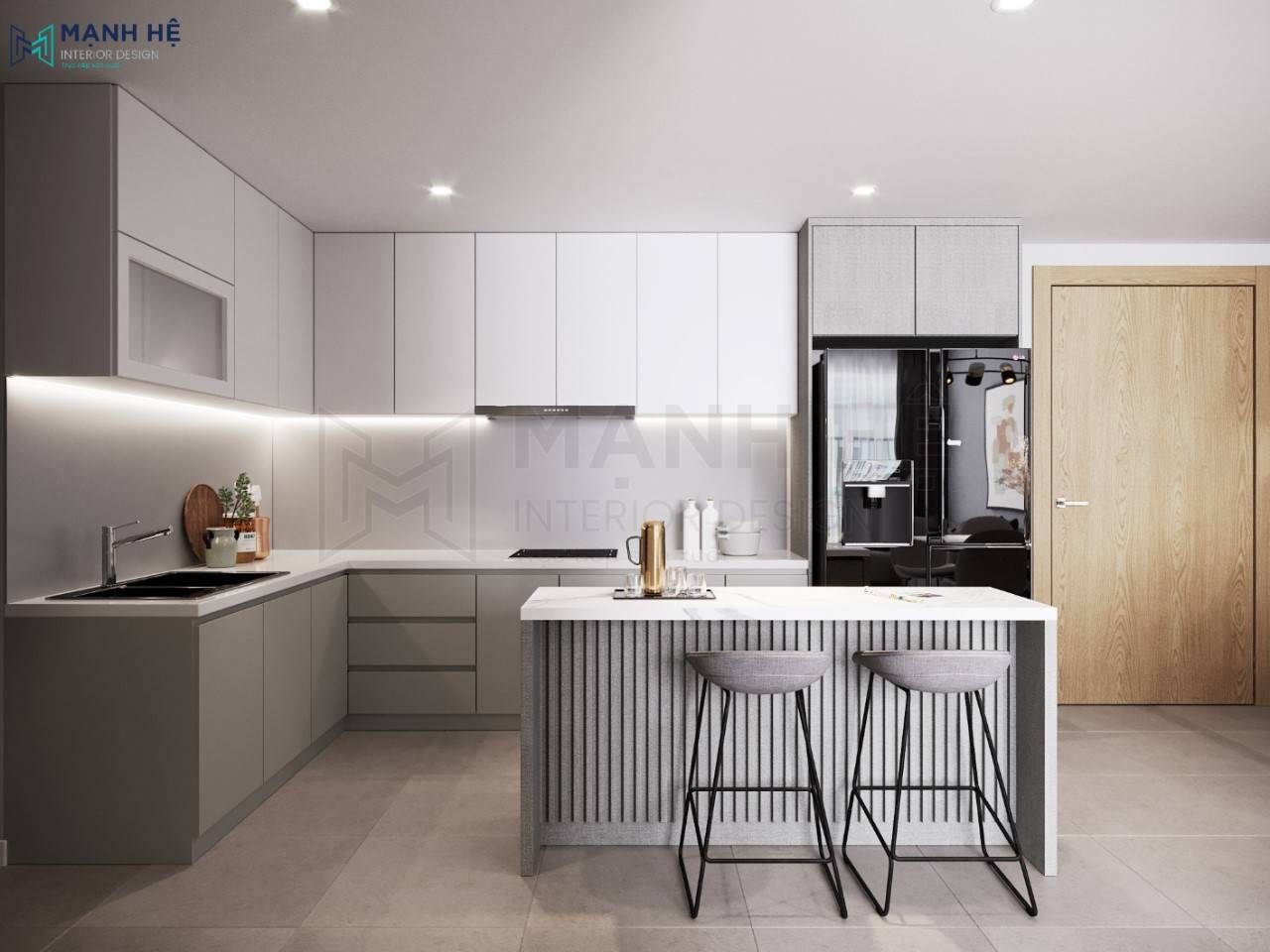 Thiết kế tủ bếp chữ L hiện đại