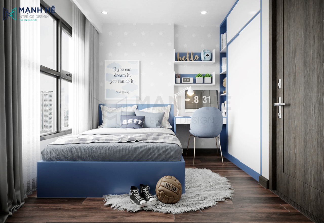 Mẫu 13: Giường ngủ gỗ công nghiệp sơn 2K màu xanh năng động 