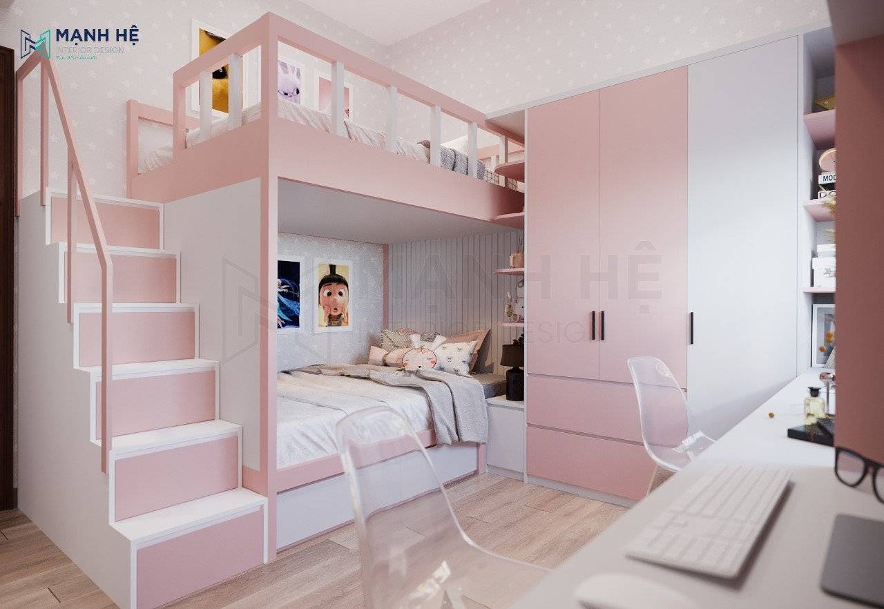 Giường tầng màu hồng liền tủ quần áo GT070