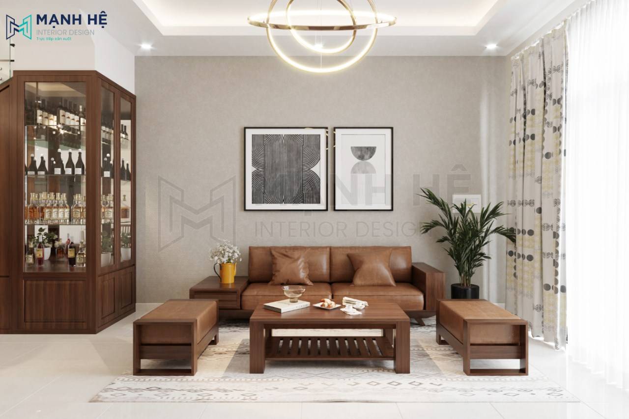 Tông màu chủ đạo trắng-xám làm nổi bật bộ ghế sofa màu nâu gỗ trong không gian