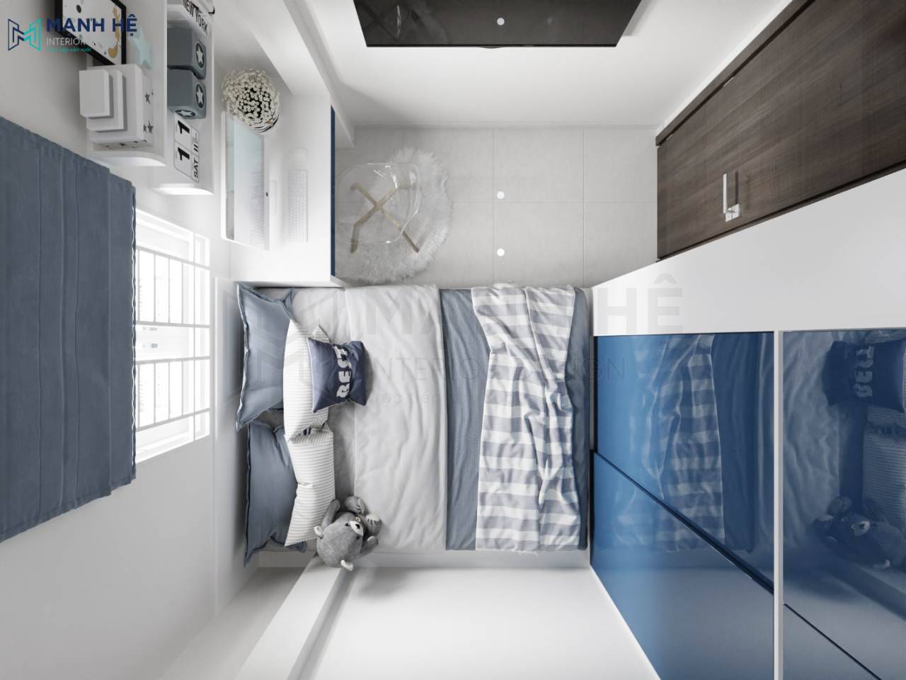Thiết kế nội thất phòng ngủ bé trai màu xanh đơn giản tiện nghi