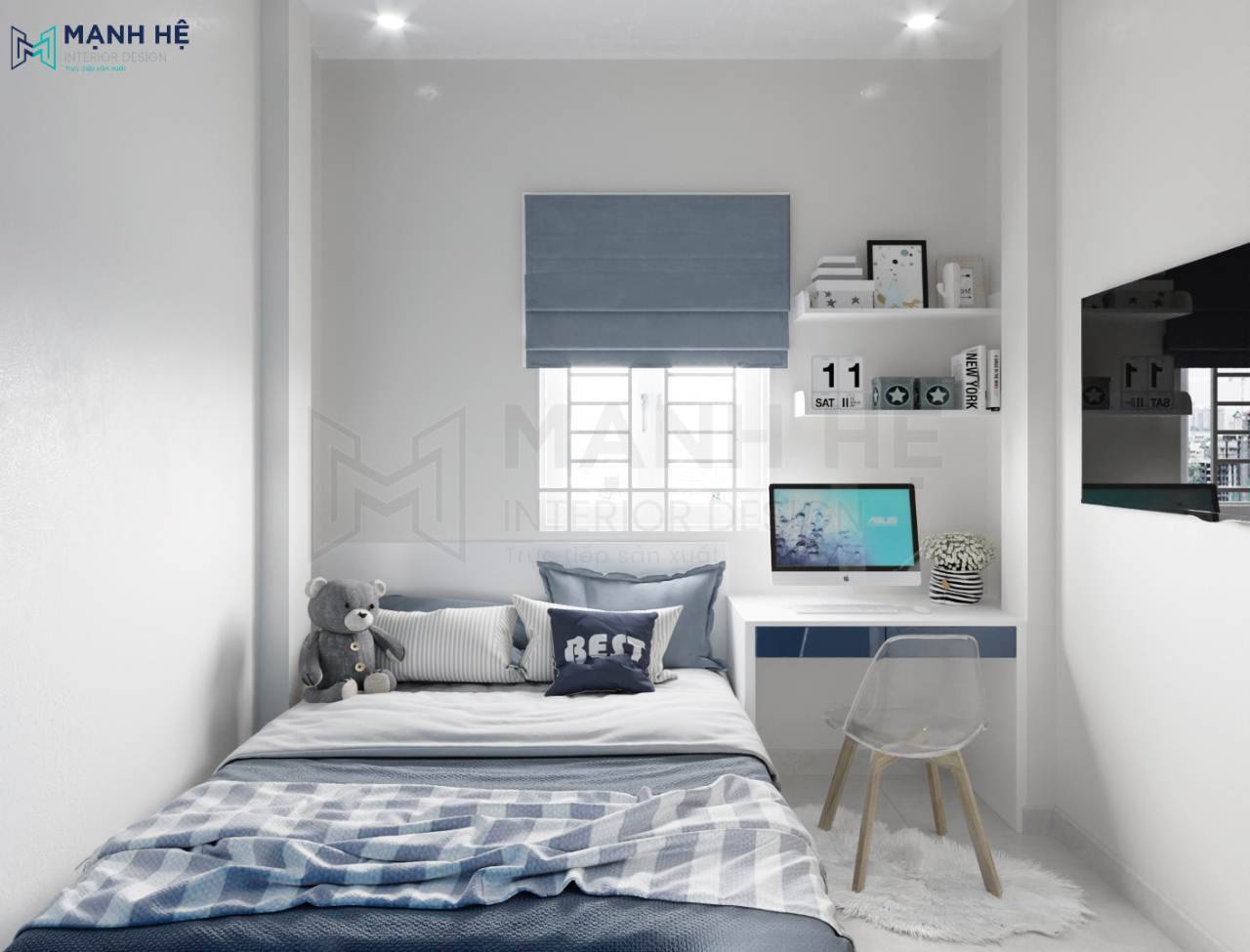 Thiết kế nội thất phòng ngủ bé trai màu xanh đơn giản tiện nghi